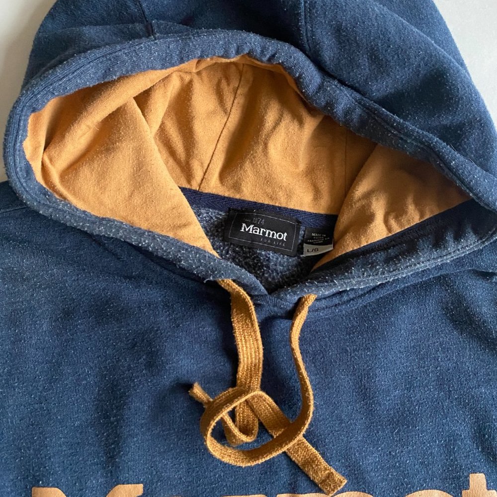 Marmot Logo Hoody Fleece Pullover Hoodie Sweatshirt Varsity Blue Heather L - Picture 4 of 4
